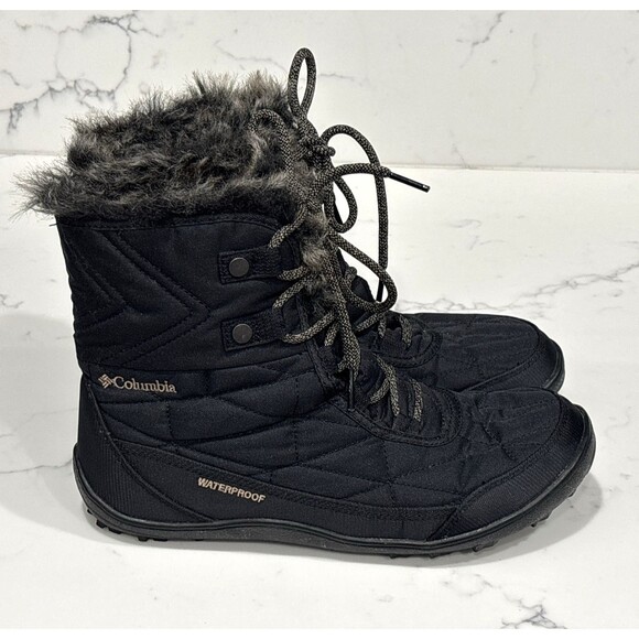 Columbia Boots Women 9 Snow Winter Waterproof Minx Shorty Black Faux Fur Lace Up - Picture 1 of 13